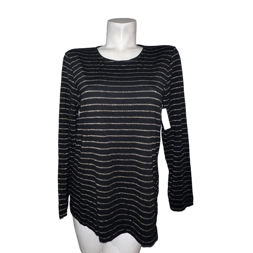 New Chico's Essential LS Layer Lurex Striped Top Black Gold Metallic Size L (2)